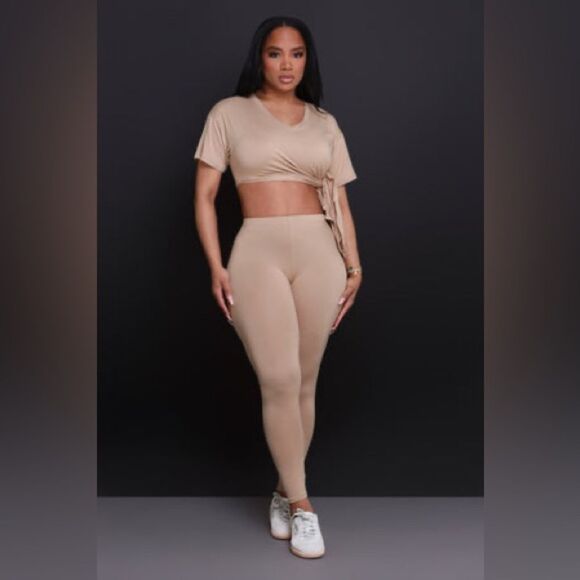 Swank Open Mind Side Slit Short Sleeve Legging Set Khaki NWT packaging S/M Nwt - Picture 2 of 7